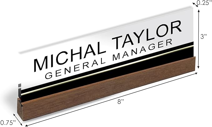 Artblox Personalized Office Desk Name Plate and Business Card Holder | Clear Acrylic Glass with Teak Wood Stand | Black Stripe Design Customized with Your Name and Credentials Office Desk Decor