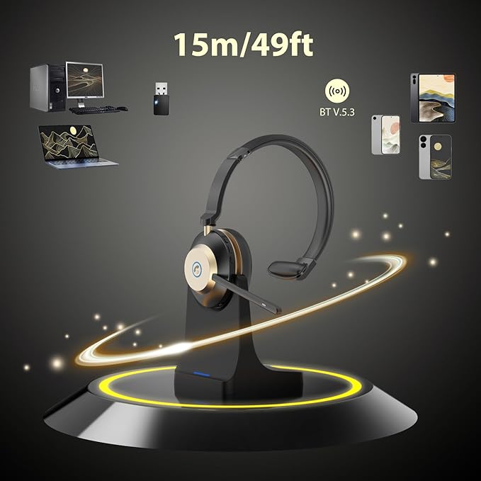 Earbay Wireless Headset with Mic for Work, Bluetooth Headphones with Microphone Noise Canceling, V5.3 Blueooth Headset with USB Dongle & Charging Base for PC/Laptop/Phones/Call Center