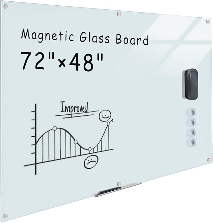 Mifuro Magnetic Glass Whiteboard，72"x48" Wall Mounted Frameless Dry Erase Board for Office, Home & School White