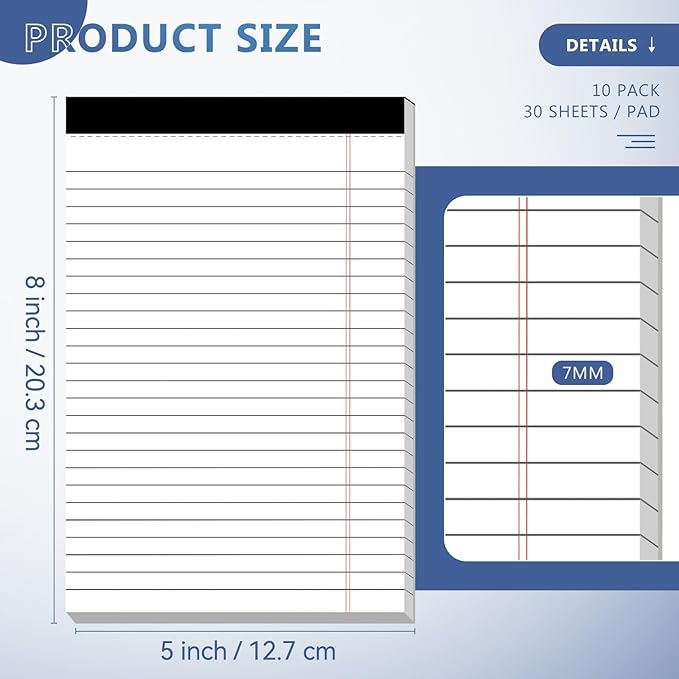 10 Pack of Legal Pad Writing Pads 5" x 8" Notepad 80gsm Recycled Paper Small Legal Pads 25 Lines Note Pads Perforated Legal Pads 30 Sheets Double-Sided Printing Legal Pads for School, College, Office