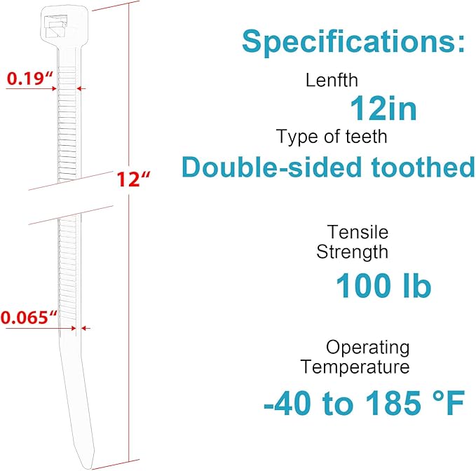 12 Inch Zip Ties Double Sided Toothed,70 LBS Tensile Strength Heavy Duty Cable Wire Ties With Self-Locking Adjustable More Durable Nylon Tie Wraps for Indoor Outdoor（500 Pack）
