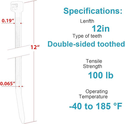 12 Inch Zip Ties Double Sided Toothed,100 LBS Tensile Strength Heavy Duty Cable Wire Ties With Self-Locking Adjustable More Durable Nylon Tie Wraps for Indoor Outdoor（100 Pack）