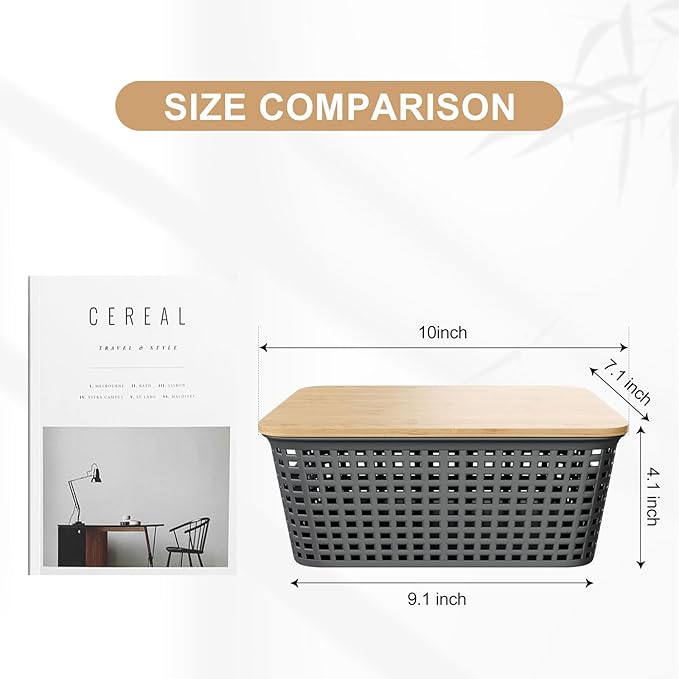 Plastic Storage Bins with Bamboo Lid - Pantry Storage Baskets with Lid - Stackable Container with Lable for Organizing: Small Storage Box for Shelves Office Cabinet Drawer Closet 9x7x4 In - Grey 6Pcs