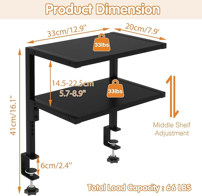 IBUYKE Clamp on Desk Organizer Shelf,12.9 inches Desk Extender Shelves, Above or Below Desk 2-Tier Adjustable Storage Shelves for Desktop Accessories,Black,TMZ007B