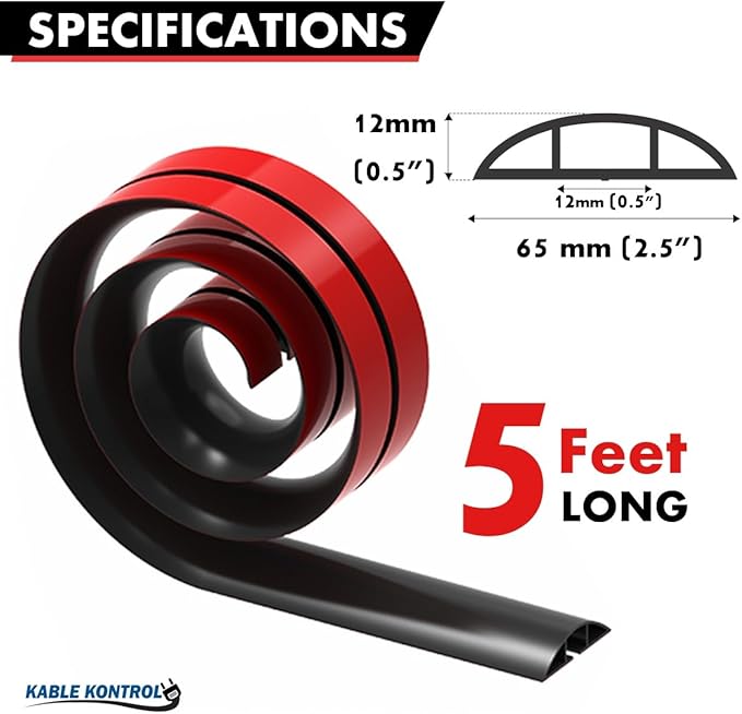 Kable Kontrol Silicone Floor Cord Cover - 5 Ft Flexible Cord Protector, Self Adhesive, for Concealing Extension Cable, Protecting Wires, Prevents Trips – 2.5in W X 0.5in H - 1 Pc - Black