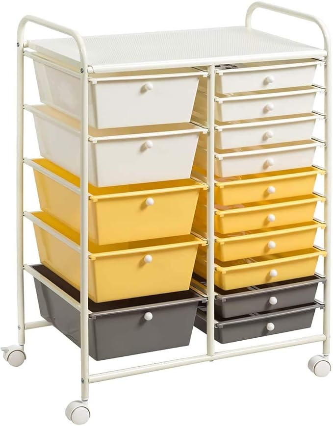 ARLIME 15-Drawer Storage Cart, 15 Drawer Trolley, Rolling Organizer Cart, Scrapbook Paper Organizer, Suitable for Office and School, Rolling Office Storage Tools (Yellow&White&Grey)