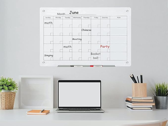 J&J worldwide Magnetic Whiteboard Calendar, 3' x 2' Glass Wall Calendar Dry Erase Board Monthly Planner for Home, School, Office, Frameless, with Markers, Marker Tray, Eraser, Magnets, 35 x 23 Inches