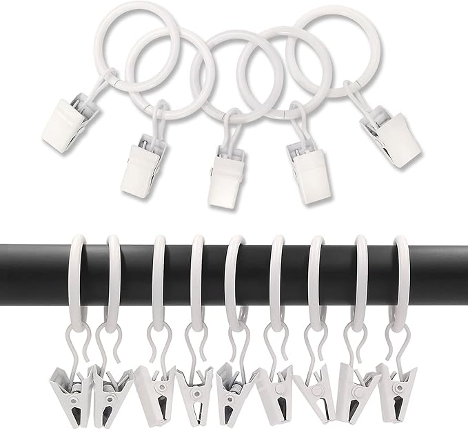 LLPJS 100 Pack Curtain Rings with Clips, Curtain Clip Rings Hooks, Bow Hanger Clips for Hanging Drapery Drapes Bows, Ring 1 inch Interior Diameter, Fits up to 5/8" Rod, White