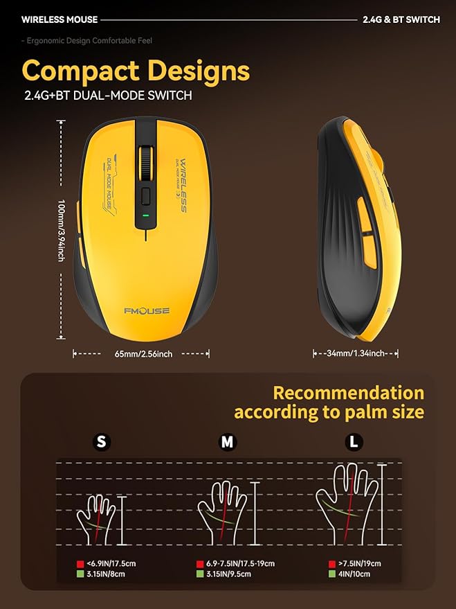 Bluetooth Mouse, Bluetooth 5.1 + 2.4GHz USB + USB-C Dongle, Wireless Mouse Tri-Mode, with Forward/Backward Side Keys, Silent Click, Side Buttons, Portable for Laptop, Mac, iPad (Yellow Black)