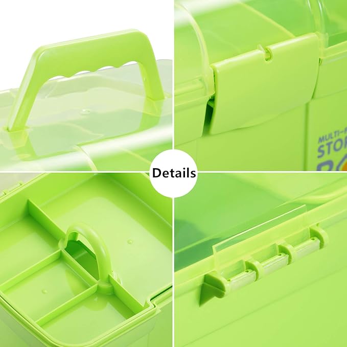 11'' Plastic Storage Box with Removable Tray, Multipurpose Organizer and Storage Case for Art Craft and Cosmetic (Green)