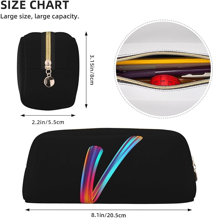 Cute Initial Pencil Case for Kids Simple Leather Pencil Pouch for Boys Girls Letter Design Pencil Box Pen Bag Pencil Pouch Office Stationery Organizer, Rainbow Letter V