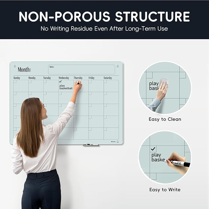 Magnetic Glass Monthly Calendar Whiteboard - 48"x36" Frameless Glass Dry Erase Board for Walls - White