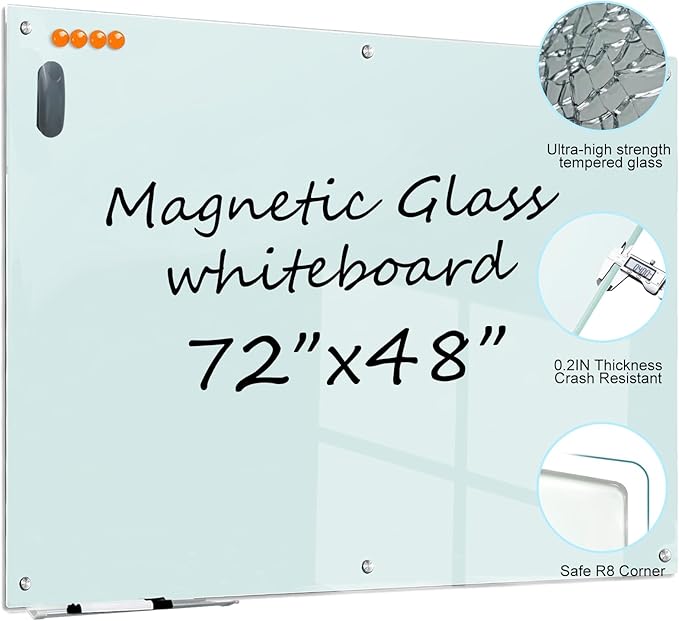 Large Glass Dry Erase Board - 72"x 48" Frameless White Board with Super Strong Magnets, Glass Whiteboard for Office School Home, Wall Mounted