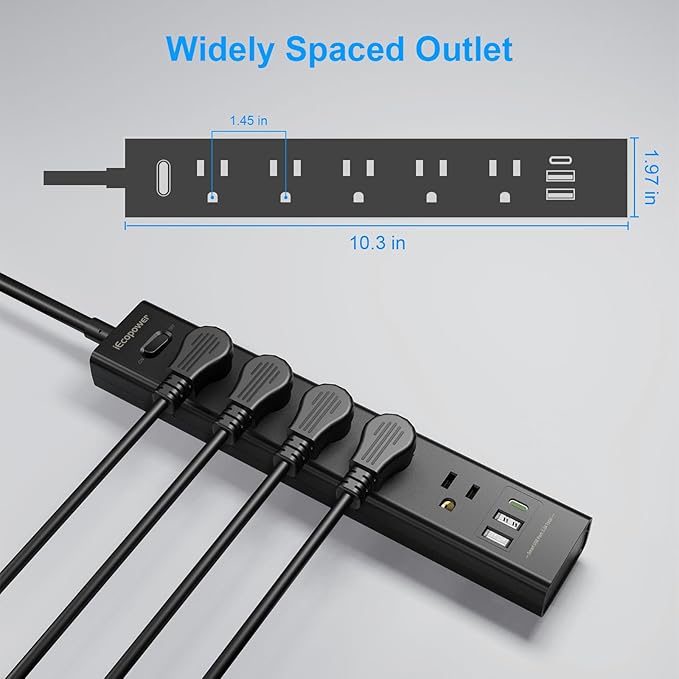 10FT Long Surge Protector Power Strip-with 5 Widely Outlets and 3 USB Ports(1 USB C Port),10 Foot Extension Cord(1250W/10A),Wall Mount for Home Office,700 J,Black(2 Pack)