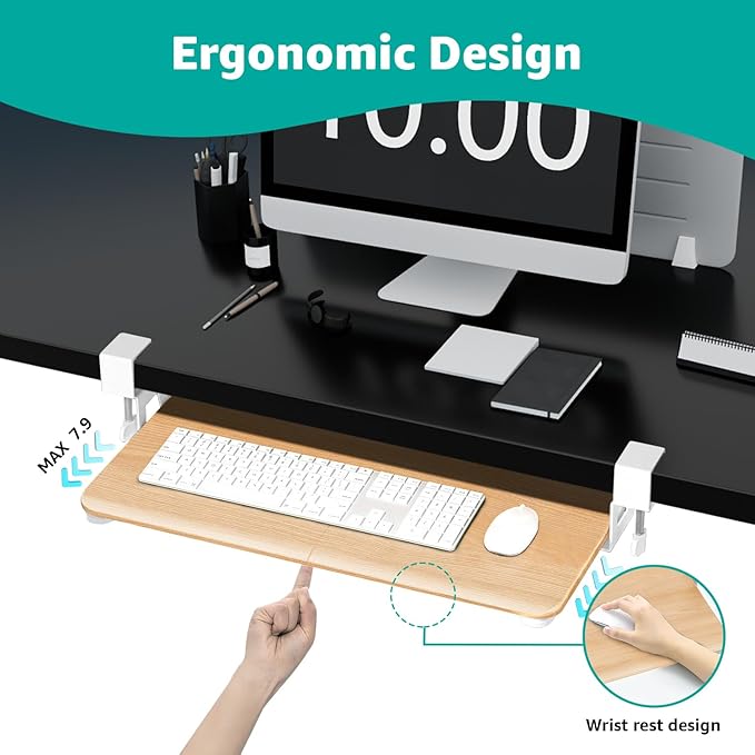 Desktop Keyboard Tray, Under Desk Pull Out, 25.6" X 11.8" Large Size Keyboard Tray with C-Clip Mount, Easy Installation, Computer Keyboard Stand, for Home Study and Office(Wood)