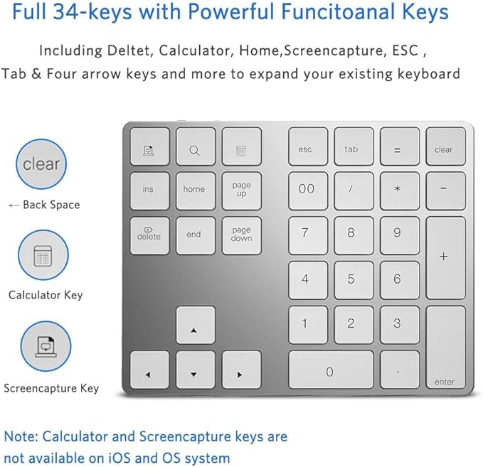 Bluetooth Number Pad, Wireless Numeric Keypad, USB-C Rechargeable External 34-Keys Numpad, Financial Data Entry Keyboard for iMac, MacBook Air/Pro, PC Desktop, Laptop Notebook(Silver)