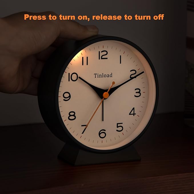 4.5" Battery Operated Retro Analog Alarm Clock, Small Silent Bedside Desk Clock,Lighted on Demand, Battery Operated, Snooze, for Living Room, Bedroom, Bedside, Desk(Black)