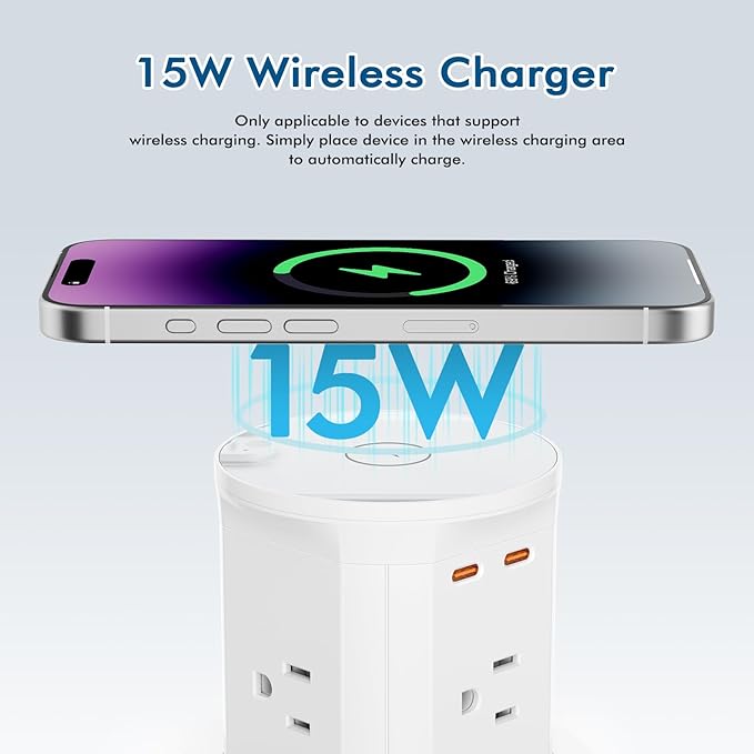 BTU Pop Up Outlet for Countertop with 15W Wireless Charger, 20W USB C Fast Charging & 4 AC Outlet, 3 1/2” Hole Desk Charging Station Pop Out Outlet for Office, Conference, Kitchen Use