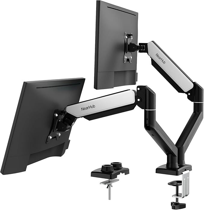 NearHub Dual Monitor Desk Mount for 13-32" Computer Screen,Adjustable Gas Spring Monitor Arm,Each Arm Holds 4.4 to 22 lbs,Swivel/Tilt/Rotation,VESA 75X75mm 100X100mm,C Clamp & Grommet Mounting Base