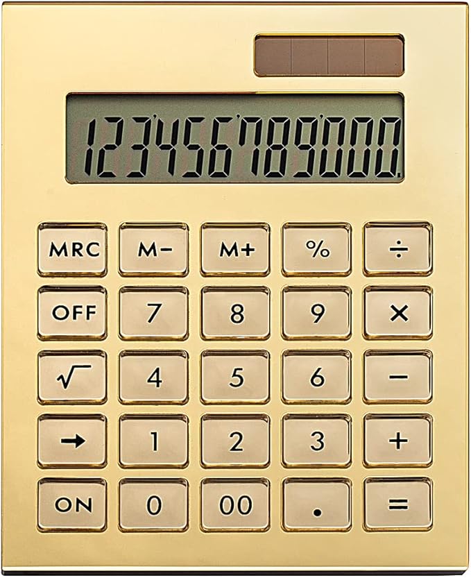 Gold Mirror Solar Power Acrylic Slim Calculator with Large LCD Display and Stand, 12-Digit Handheld Desktop Calculator for Office, School, Business