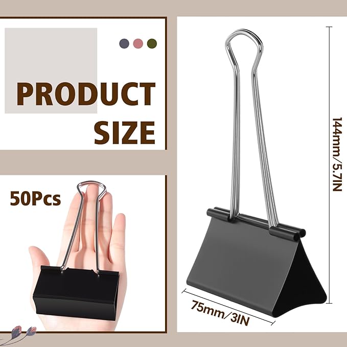 Jetec 50 Pcs 3 Inch Jumbo Binder Clips Extra Large Binder Clips Bulk Black Big Heavy Duty Metal Giant Large Paper Clamps for Office and Home Supplies Organization Kitchen Food Bags Drawing