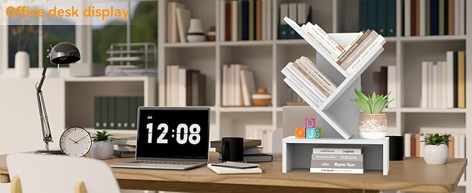 Godferyxin Small Bookshelf with Drawer,Mini Book Holder for Desk,White Wood Desktop Book Shelf for School,Office,Bedroom,Organizer CDs-Tree Bookcase