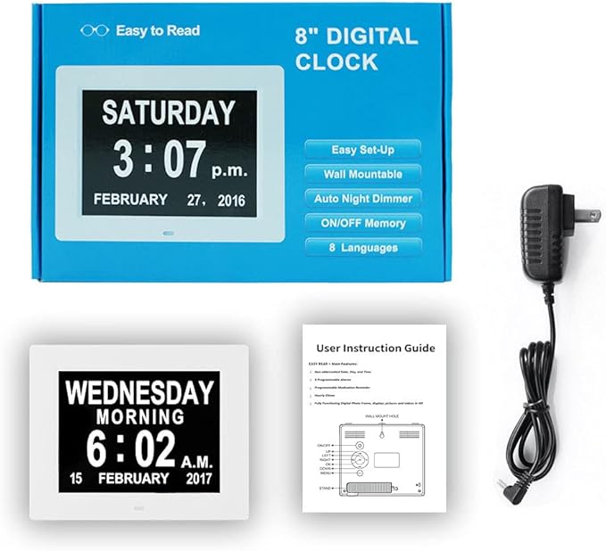 8 Alarms Digital Clock, Extra Large Display Wall Digital Day Calendar Clock with Non-Abbreviated Day & Month Alarm Clocks for Seniors Impaired Vision Dementia Elderly Alzheimer