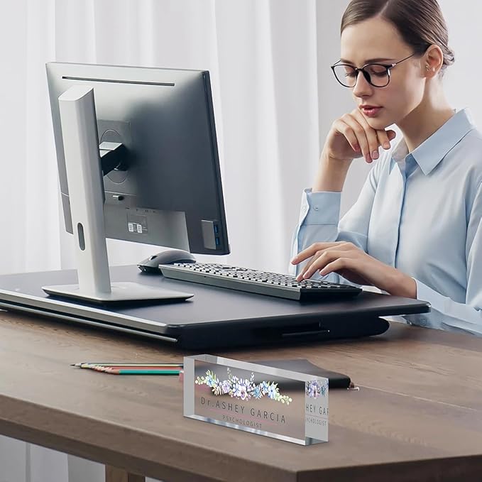 Office Desk Name Plate Personalized, Custom Acrylic Desk Name Plate Ideal/Meaningful Office Decor for Coworkers, Boss, Employee Appreciation Gift for Women & Men(Watercolor Flowers)