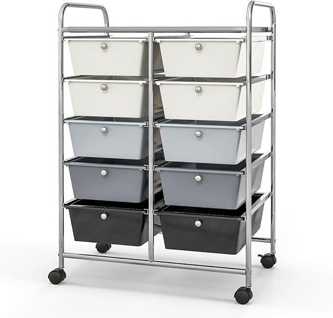 Giantex 10 Drawers Rolling Cart, Classroom Organizers, Storage Cart with Wheels, for Teacher Office Home School Supplies Tool Craft Art Paper, Gray Gradient
