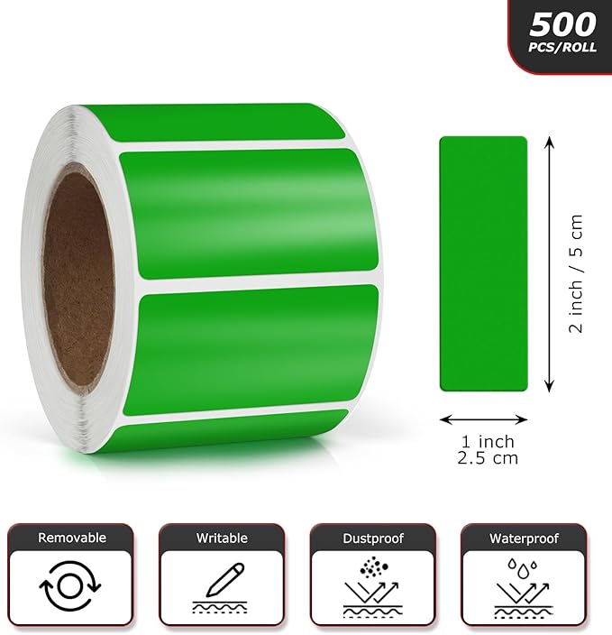 Meitaat Green Rectangle Stickers 2 x 1 Inch Color Coding Labels Vinyl Roll Self-Adhesive Waterproof Removable 500 PCS