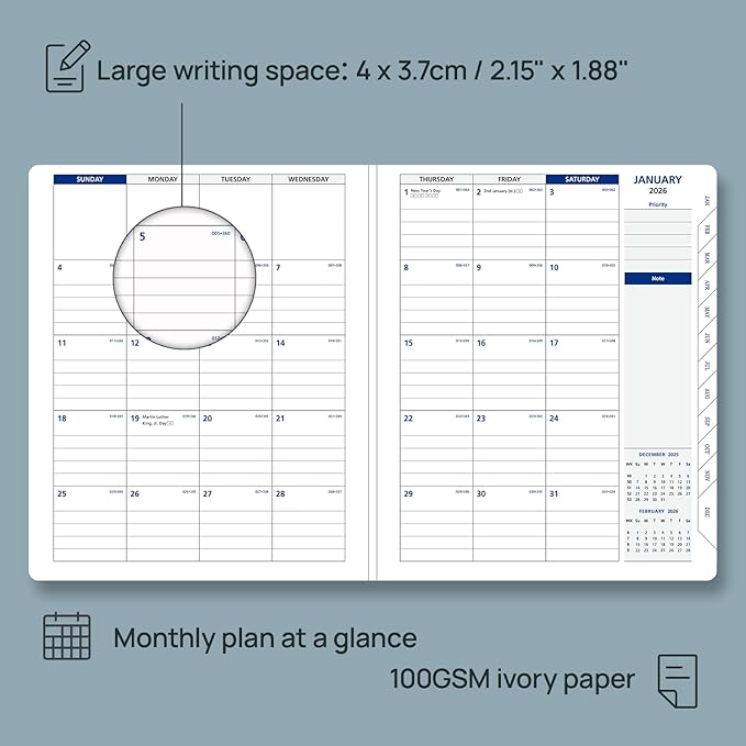 POPRUN 2026 Weekly Planner (Medium 7'' x 8.5''), 30-Minute Hourly Appointment Book (Jan 2026-Dec 2026) with Monthly Tabs, Inner Pockets, Pen Holder, PU Leather Softcover, 100GSM - Burgundy