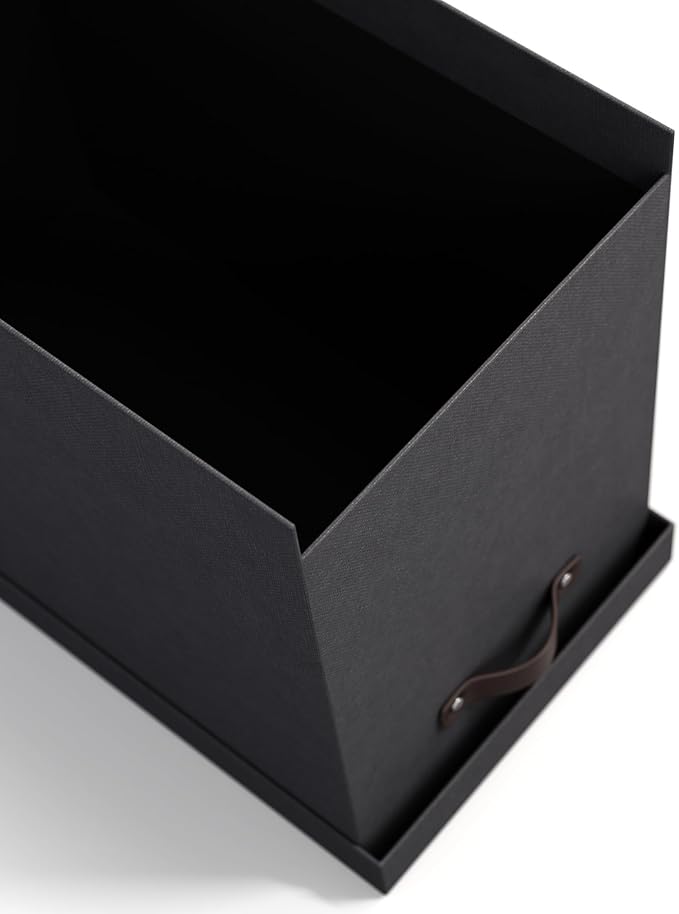 Bigso John Desktop File Box - Storage Solution and Document Organizer for Important Paperwork - Durable Hanging File Box with Lid and Leather Handle - 7.36 in x 13.26 in x 10.51 in - Black