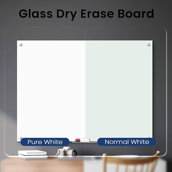 Large Glass Whiteboard, Enhanced Magnetism Glass Dry Erase Board for Wall, 48" x 36" Pure White Tempered Glass Board, 4' x 3' Big White Board for Home, Office, School