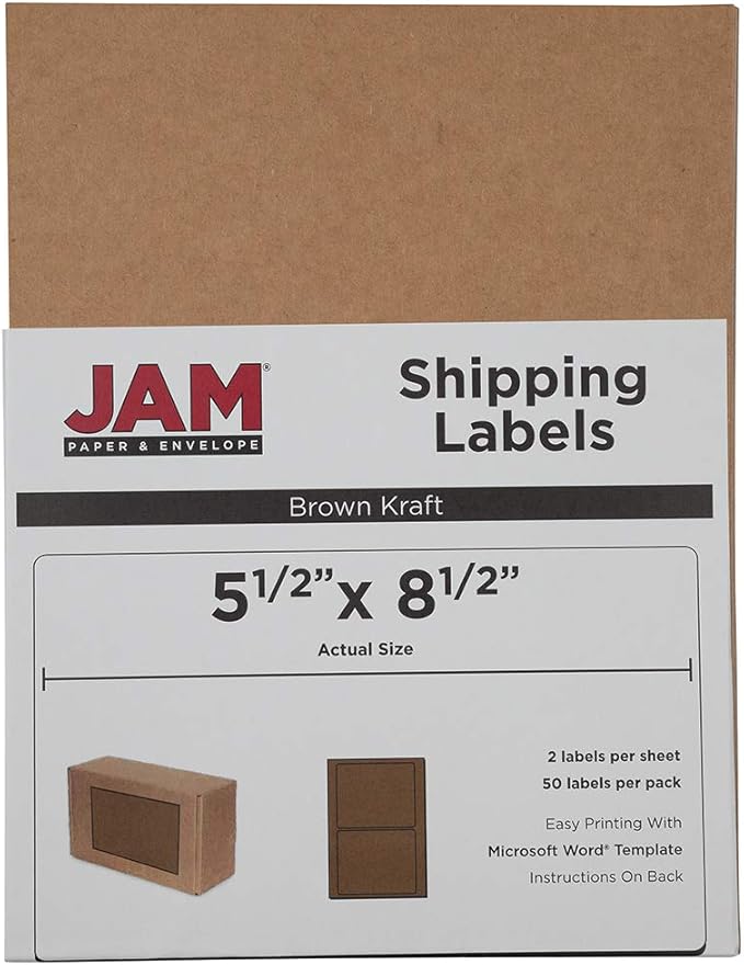 JAM PAPER Shipping Labels - Half Page - 5 1/2 x 8 1/2 - Brown Kraft - 50/Pack