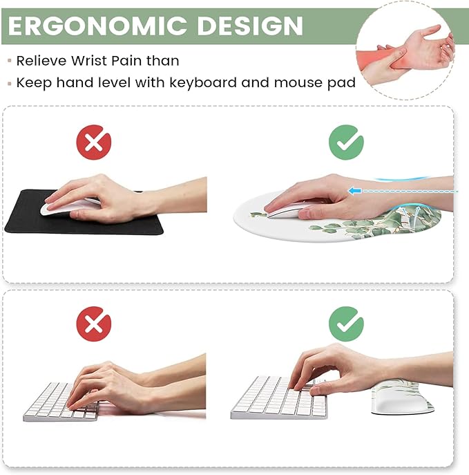 iLeadon Ergonomic Mouse Pad Set with Wrist Support, Easy Typing & Pain Relief, Non-Slip Base for Computer Home, Eucalyptus