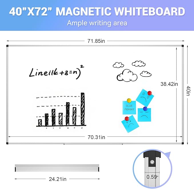 Magnetic Dry Erase Whiteboard - 40 x 72 Inch White Board - Large Wall-Mounted Board with Silver Aluminum Frame, 1 Magnetic Eraser, 2 Pens, Detachable Marker Tray, 6 Magnets