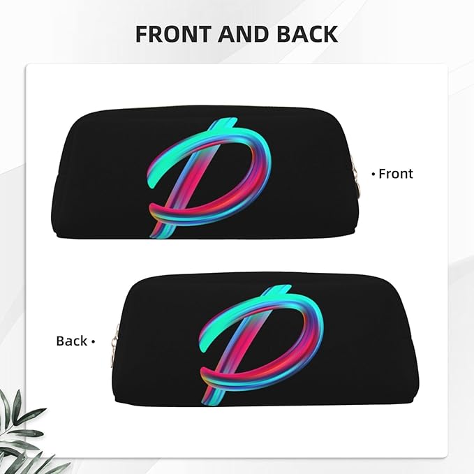 Cute Initial Pencil Case for Kids Simple Leather Pencil Pouch for Boys Girls Letter Design Pencil Box Pen Bag Pencil Pouch Office Stationery Organizer, Rainbow Letter P