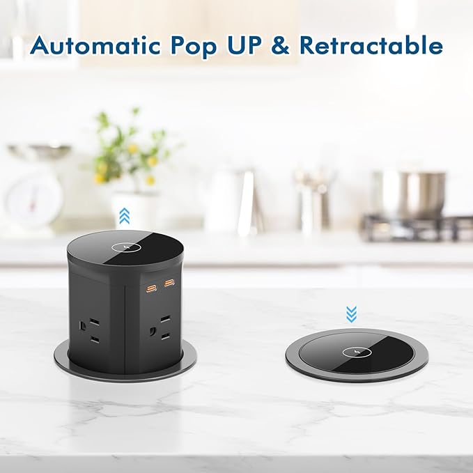 BTU Pop Up Outlet for Kitchen Countertop with 15W Wireless Charger, 20W USB C Fast Charging & 4 AC Outlet, 3 3/8" Hole Desk Charging Station Pop Out Outlet for Office, Conference, Kitchen Use