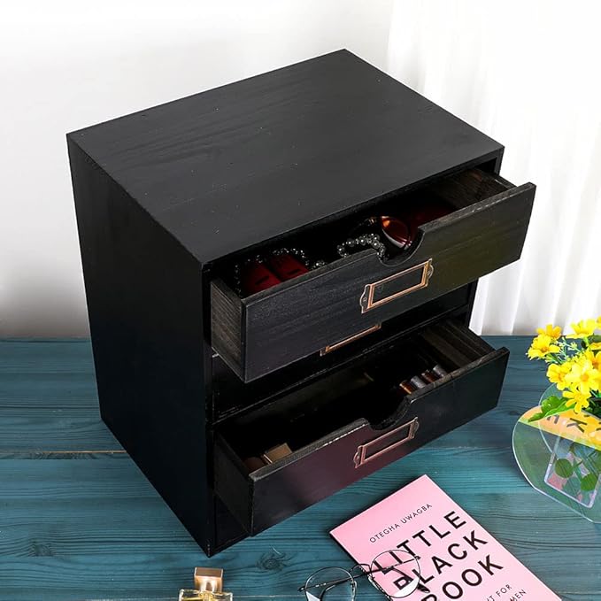 Wooden Storage Box Rustic Desktop Organizer with 4 Drawers Office Desk Accessories Shelf Large Craft Storage Containers Apothecary Cabinet and Chest Jewelry Holder for women(BLACK)