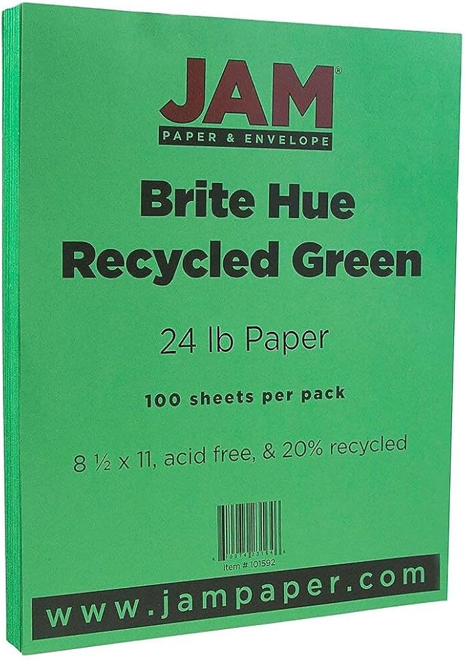 JAM PAPER Colored 24lb Paper - 90 gsm - 8.5 x 11 - Green Recycled - 100 Sheets/Pack