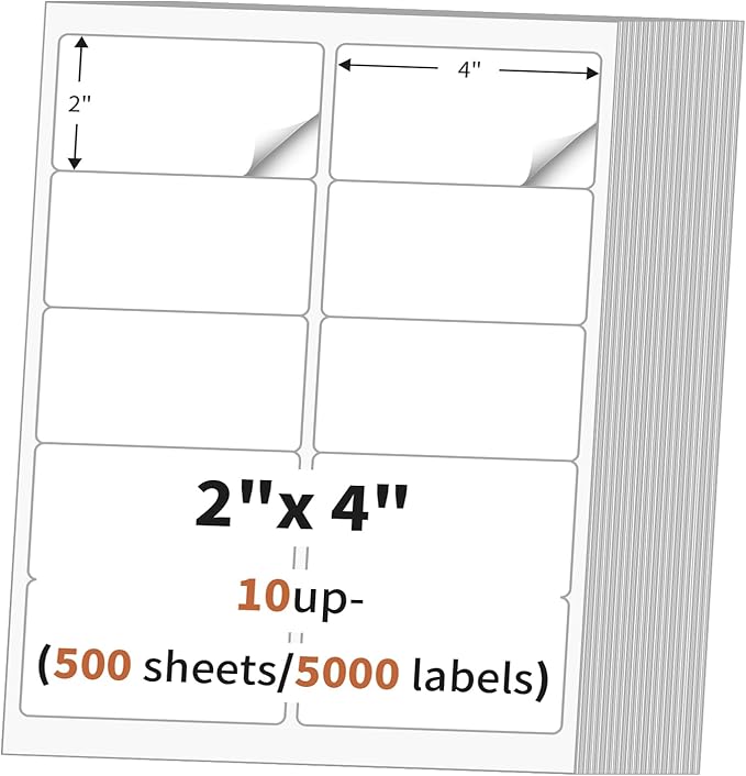 2"x 4" (500 Sheets) Address Labels Sticker Paper for Laser/Ink Jet Printer, Printable and Writable White Sticker Label- Matte, 10 per Page Label (Total 5000 Labels)