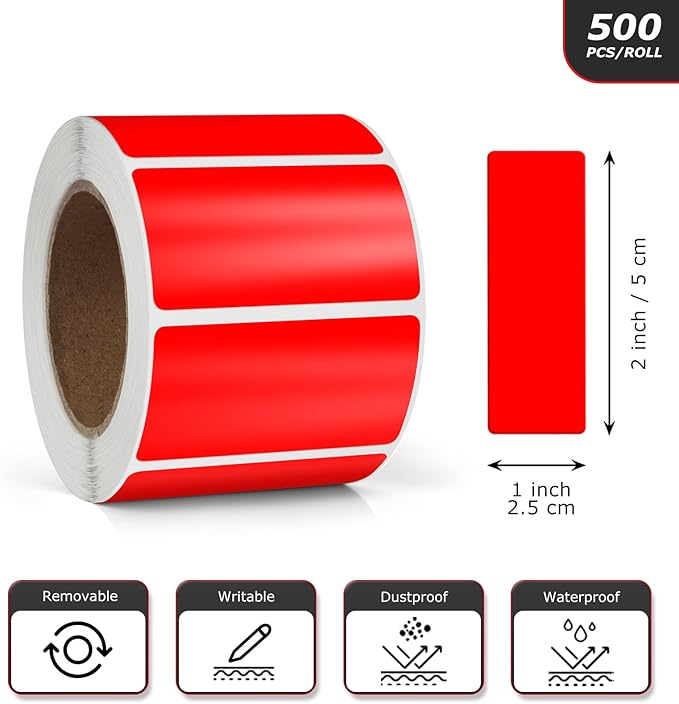 Meitaat Red Rectangle Stickers 2 x 1 Inch Color Coding Labels Vinyl Roll Self-Adhesive Waterproof Removable 500 PCS