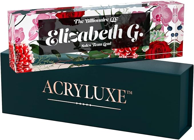 Desk Name Plate Personalized, Custom Name Plates, 2½/x8 Inches, Thick Crystal-Clear Acrylic, Gift Box, Office Desk Decor. USA Made by ACRYLUXE (Spring)