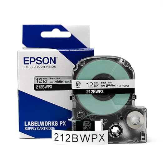 Epson LABELWORKS 212BWPX Genuine PET (Polyester) Tape Cartridge - Black on White Standard Industrial Label Maker Tape - 1/2" (12MM) Wide, 30 ft