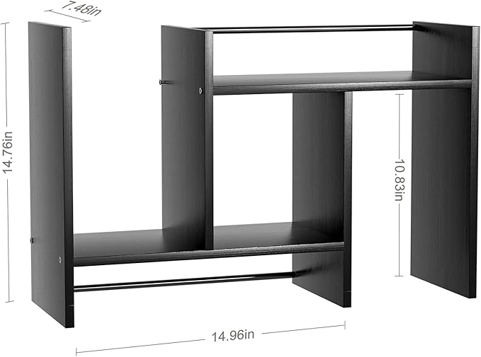 Desktop Organizer Shelf, Adjustable Wooden Double-Tier H-Shape Mini Bookcase, Multi-Use Office Storage Rack for Desk Top/Corner, Table Top Shelving & Office Organization Accessories (Black)