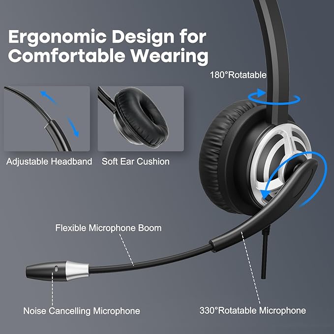 MKJ USB Office Headset with Microphone Noise Canceling - Computer Headphones for Call Center & Business, Work with PC, Laptop, Zoom Meetings, Ms Teams, Webex, Webinar, UC Platforms, Virtual Learning