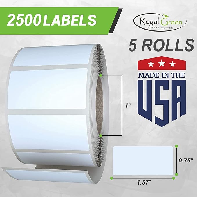 Gold Sticker Label Rolls 1.57 x 0.75 inch, 5 Rolls- 2500-Pack, Rectangular Easy Write Labels 40mmx19mm by Royal Green