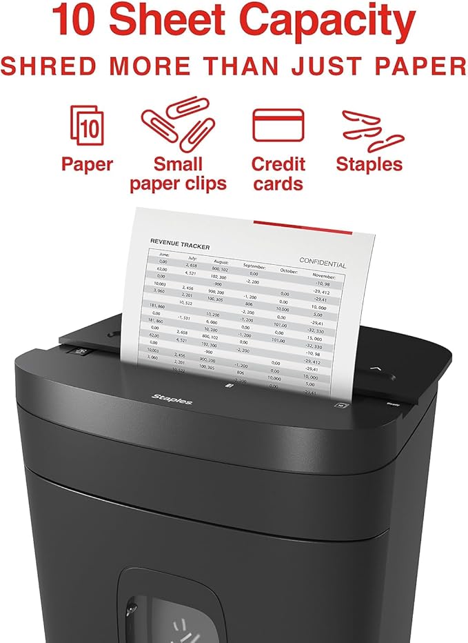 Staples Paper Shredder, 10-Sheet Micro-Cut, Anti-Jam, for Office & Home Use with 5 Gallon Pull-Out Bin, Black