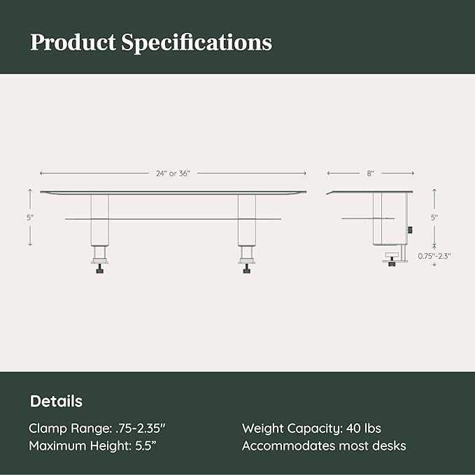 Branch Monitor Stand - Elegant, Durable Powder-Coated Steel Stand with Soft Felt Liner - Large Monitor Riser Second Tier Storage - Installs with a Universal Clamp for Ergonomic Workspace - White