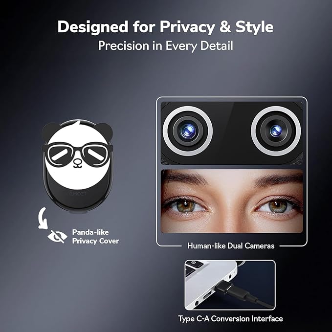 EMEET Piko+ (Piko Plus), World’s 1st Dual-Camera AI-Powered 4K Webcam, 1/2.55'' Sony Sensor, 3 Mics&3 Sound Modes, Panda Magnetic Privacy Cover, USB C-C&C-A, Ideal for Livestreamers
